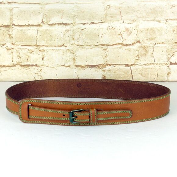 Linea Pelle Leather Belt Womens L Brown Tan Green Stitch Wide Tapered Waist Boho - Picture 1 of 15